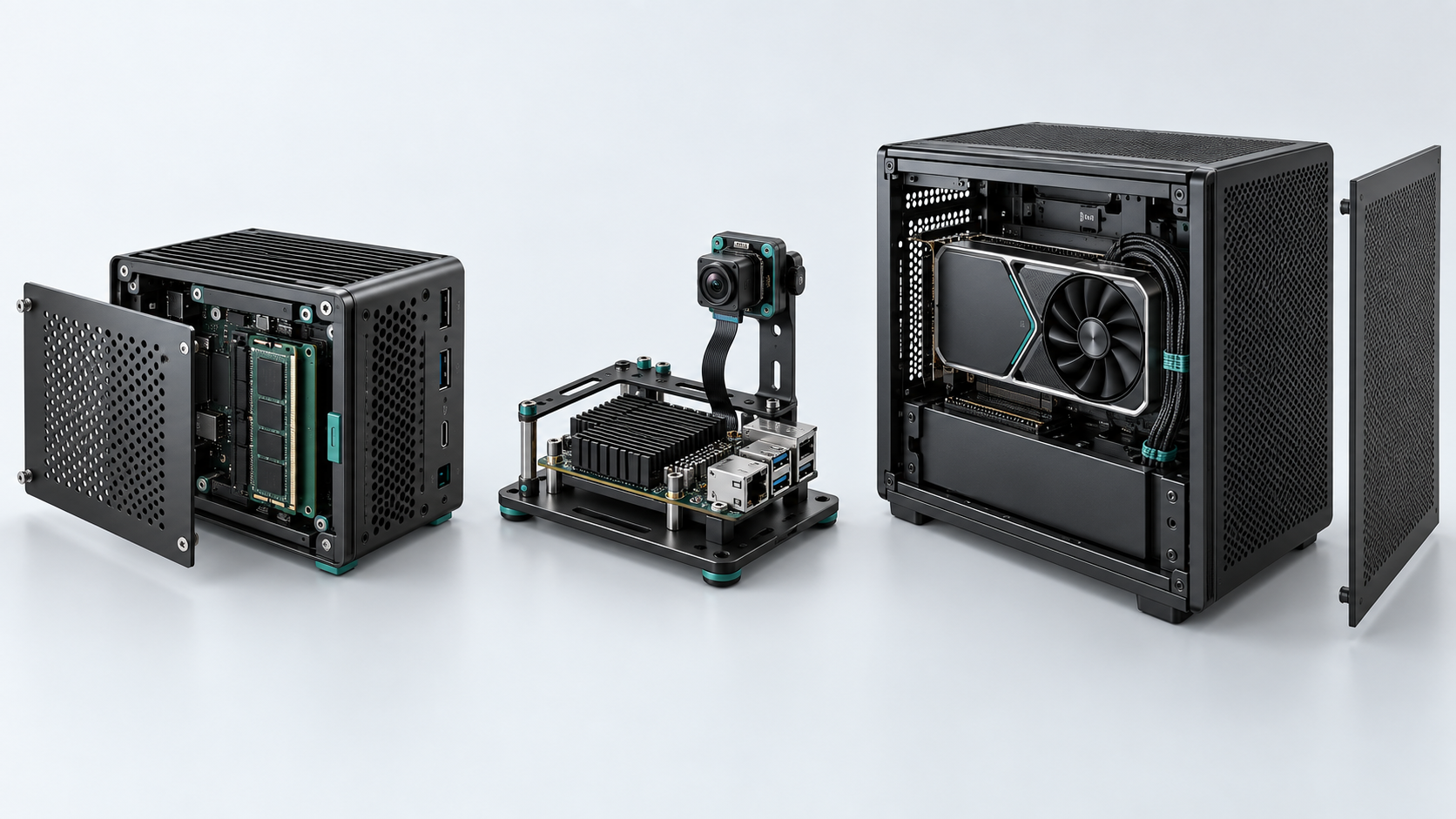 Concept illustration of a modular AI mini PC, an edge vision development device and a GPU workstation